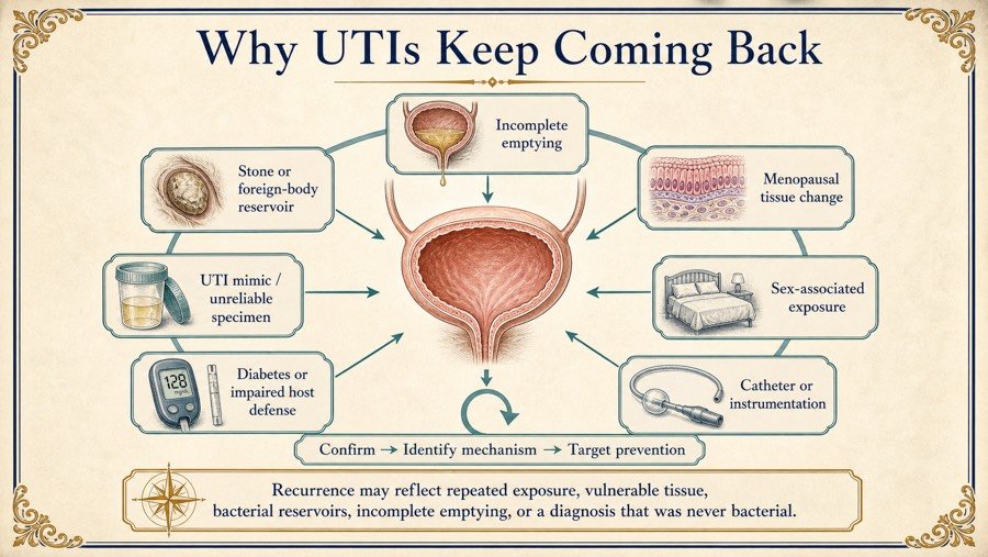 Why UTIs Keep Coming Back. Recurrence may reflect repeated exposure, vulnerable tissue, bacterial reservoirs, incomplete emptying, or a diagnosis that was never bacterial.