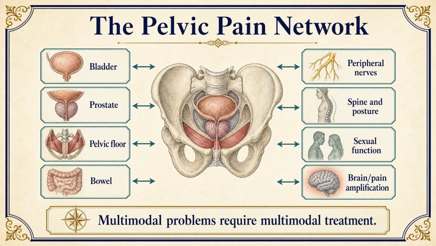 Red del dolor pélvico. Vejiga, próstata, suelo pélvico, intestino, nervios, columna, postura, función sexual y procesamiento del dolor pueden interactuar. Un problema con varios mecanismos puede necesitar tratamiento combinado.