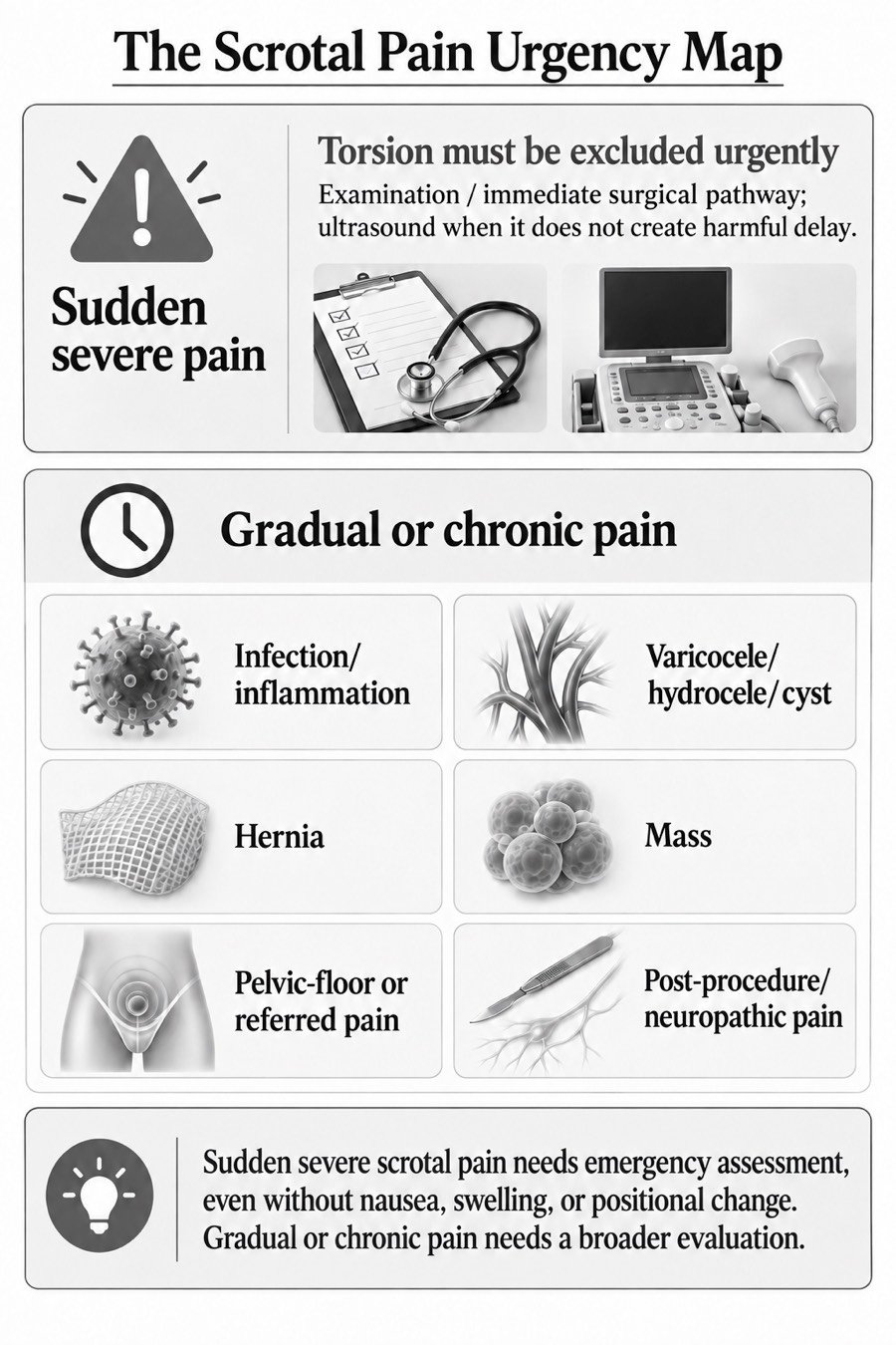 The Scrotal Pain Urgency Map. Sudden severe pain with nausea, swelling, or positional change follows an emergency pathway; gradual or chronic pain follows a broader diagnostic pathway. Labels: Sudden severe pain; Torsion must be excluded urgently; Examination / immediate surgical pathway; ultrasound when it does not create harmful delay.; Gradual or chronic pain; Infection/inflammation; Varicocele/hydrocele/cyst; Hernia; Mass; Pelvic-floor or referred pain; Post-procedure/neuropathic pain.