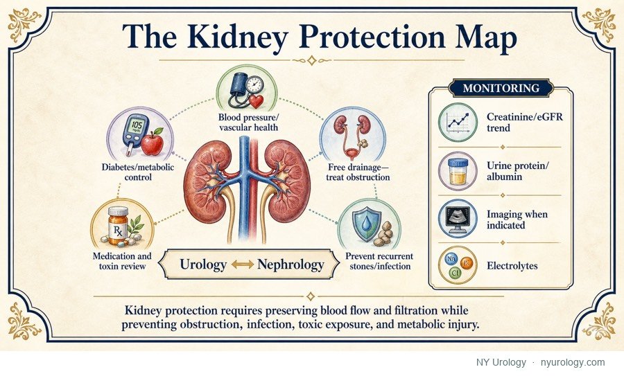 The Kidney Protection Map. Kidney protection requires preserving blood flow and filtration while preventing obstruction, infection, toxic exposure, and metabolic injury.