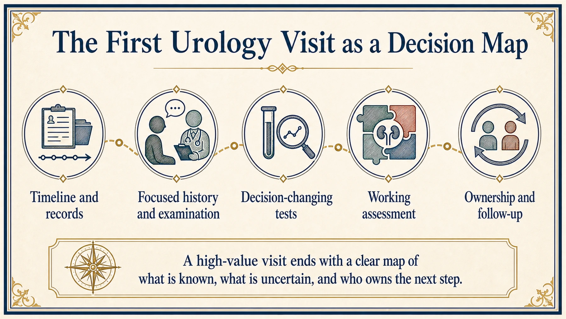 Five-part first-urology-visit map: timeline and records, focused history and examination, decision-changing tests, working assessment, and ownership and follow-up.