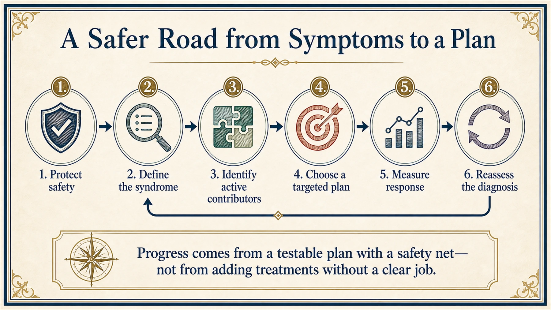 Six-part road from symptoms to a plan: protect safety, define the syndrome, identify active contributors, choose targeted care, measure response and reassess.