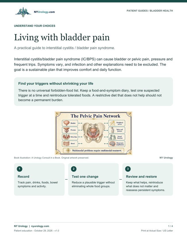 Illustrated opening page of Living with bladder pain; download the PDF to print