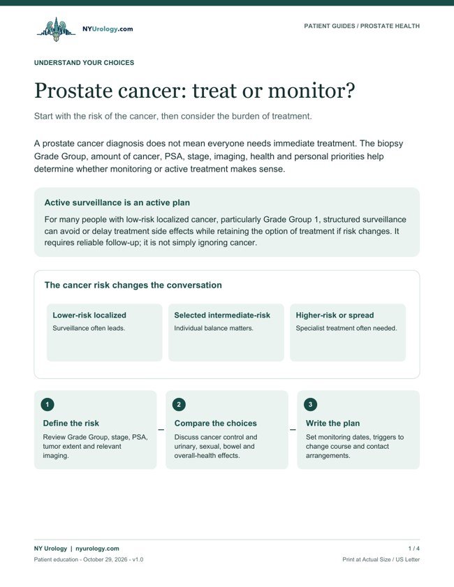 Illustrated opening page of Prostate cancer: treat or monitor?; download the PDF to print