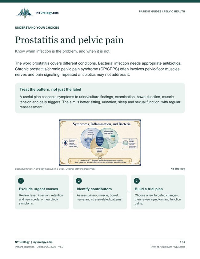 Illustrated opening page of Prostatitis and pelvic pain; download the PDF to print